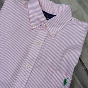 Ralph Lauren Men's XL Short‎ Sleeve Button Down 100% Cotton Pink and White